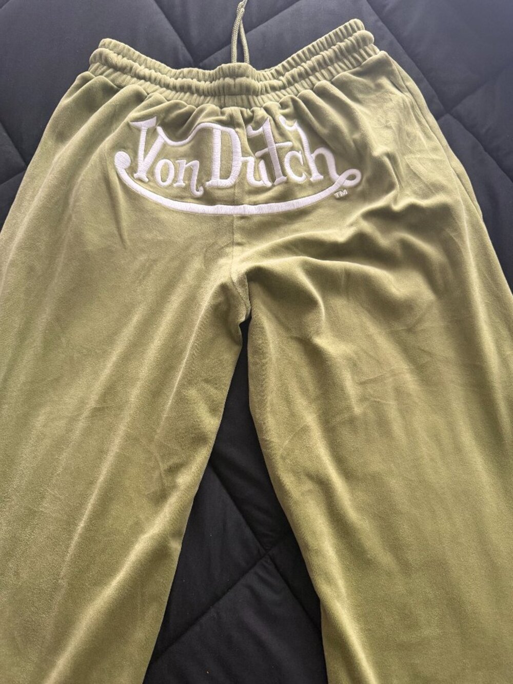 Von Dutch Olive Green Velour Wide-Leg Pants